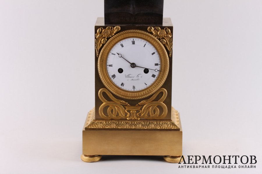 Часы с бюстом Гиппократа в стиле Ампир. Франция, Париж, 1800-е гг. Бронза, литье.