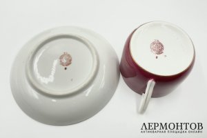 Агитационный чайный сервиз Оборонный. СССР, ДФЗ Вербилки, 1930-е гг. Фарфор.