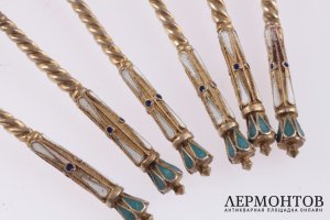 Набор чайных ложек. Эмаль по скани, серебро 84. Российская империя