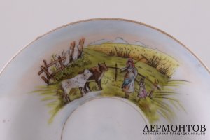 Чайная пара с сельским сюжетом. Россия, ф-ка Кузнецова. 1864-1889 гг. Фарфор, роспись.