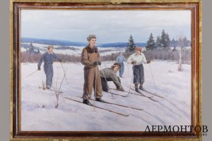Картина Лыжники. Петров Юрий Дмитриевич. 1954 г. Фанера, масло.