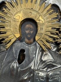 Икона «Спас на престоле с предстоящими». Дерево, темпера, латунный оклад, Россия, 1-я половина 19 века
