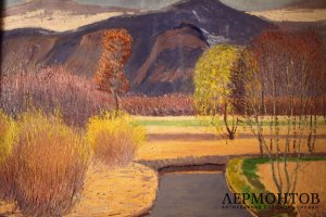 Картина. Горный пейзаж с речкой. Художник Julius Jungheim. Холст, масло.