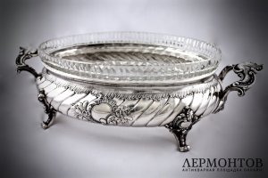 Ваза для фруктов в стиле рококо. Серебро 800 пробы, хрусталь. Германия