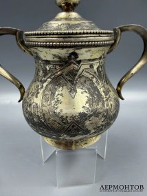 Сахарница в неорусском стиле. Серебро 84 пробы, чернь, Россия, 1878 год
