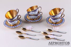 Сервиз на 6 персон. Серебро 925 пробы. Эмаль. Россия, 2007 г.