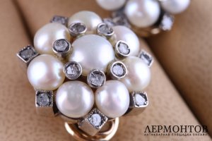 Сережки Малинки. Италия, сер. 20 в. Золото 585 пробы, жемчуг, алмазы.