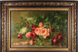 Картина. Натюрморт Цветочная корзина. VAN MULDERS. Бельгия, 19 век