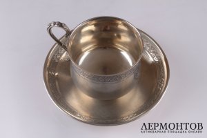 Чайная пара Hector Alfred. Серебро 950 пробы, гильоше. Конец XIX в. Франция