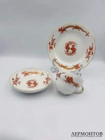 Чайное трио «Красный дракон». Фарфор, роспись, Meissen, Германия, 20 век