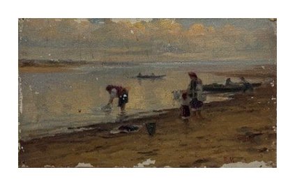 Картина «На речке». Картон, масло, В. И. Козловский, Россия, начало 20 века