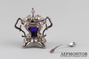 Горчичница с кобальтовым стеклом. Серебро 950 пробы. Франция, кон. XIX в.