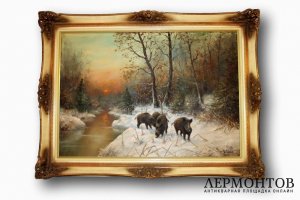 Картина. Кабаны. Людвиг Кляйн. Холст, масло.  Германия