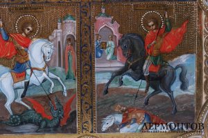 Икона Четырехчастная Казанская БМ, Ник. Чудотворец, Георгий Победоносец, Д. Солунский