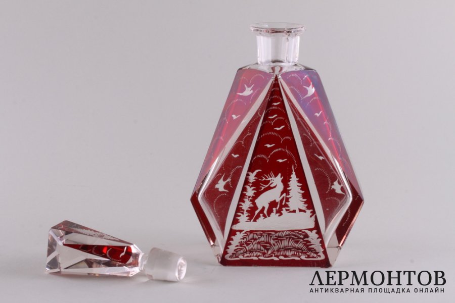 Ликерный набор, охотничья тематика. Стекло, гравировка. Богемия, Egermann, 1930e