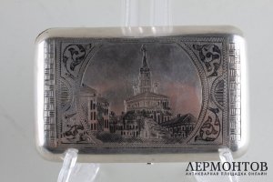 Портсигар с изображением Сухаревой башни. Серебро 84 пробы, чернь. Российская империя