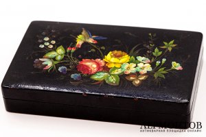 Лаковая шкатулка с изображением птицы и цветов. СССР, Федоскино, худ. Борисов, 1965 г