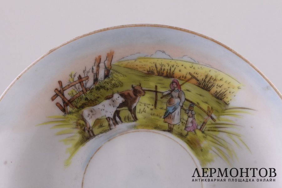 Чайная пара с сельским сюжетом. Россия, ф-ка Кузнецова. 1864-1889 гг. Фарфор, роспись.
