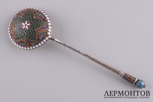 Ложка медовая с эмалью. Серебро 84 пробы. А.Арцыбашев. Российская империя.