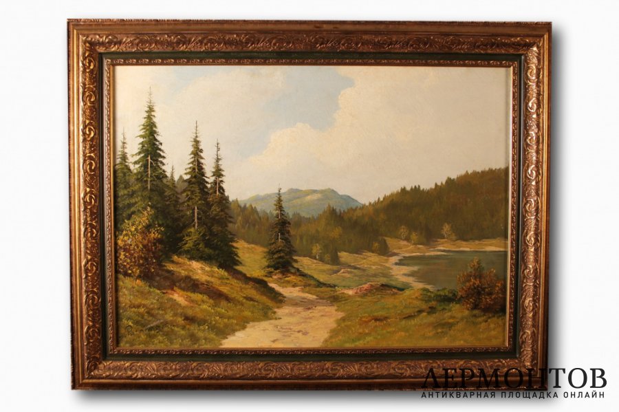 Картина. Альпийский пейзаж. Неизвестный художник. Холст, масло. Европа