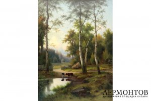 Картина. Эдуард Хайн. Пасторальный пейзаж. Кон. XIX в., х-м. Собрание А.А.Гречко