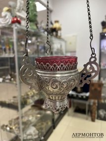 Подвесная лампада с малиновым стеклом. Металл, серебрение, братья Хеннеберг, Россия, 