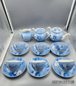Чайный сервиз «Голубой пион» на 6 персон. Фарфор, роспись, Дулёвский завод, СССР, 1956 год