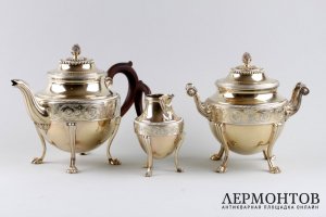 Чайный сервиз в стиле ампир. Aucoc. Серебро 950, золочение. Франция, XIX в.