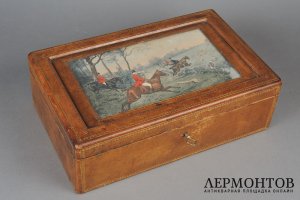 Коробка для сигар с литографией сцены охоты. Дерево, кожа.