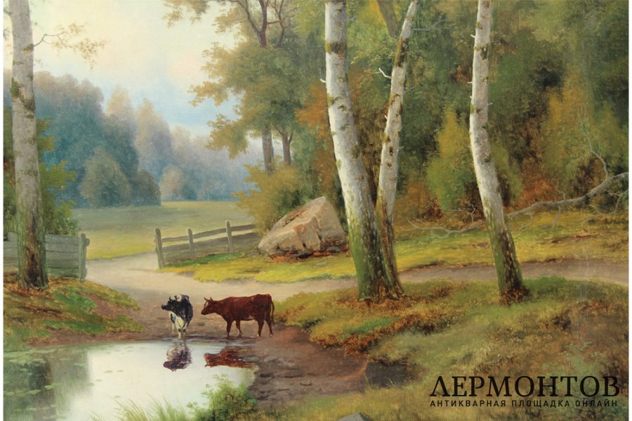 Картина. Эдуард Хайн. Пасторальный пейзаж. Кон. XIX в., х-м. Собрание А.А.Гречко