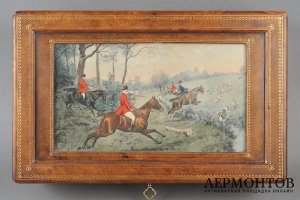 Коробка для сигар с литографией сцены охоты. Дерево, кожа.