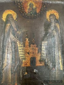Икона «Зосима и Савватий Соловецкие» в серебряном окладе. Дерево, темпера, серебро, Россия, предположительно 19 век