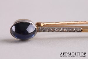 Брошь с сапфиром 2 ct и бриллиантами. СССР. Золото 583 пробы.