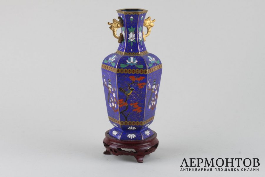 Ваза Цветы и птицы, на подставке. Клуазоне. Китай, 1950-70-е гг.