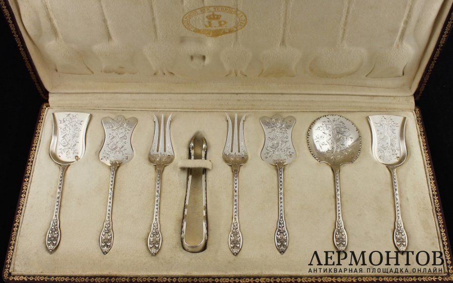 Сервировочный набор для десерта и закусок.  L. Gustave. Серебро 950. Франция, XIX в.