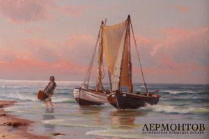 Картина. Рыбаки с уловом. Худ. Йонан Йенс Нойманн. Холст, масло. Дания, 1899 год.