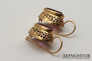 Винтажные серьги с розовыми корундами. Красное золото 583 пробы. СССР, 1960-80-е гг.