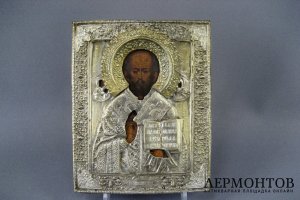 Образ Николая Чудотворца. Дерево, темпера, левкас, бронза. Россия, XIX век.