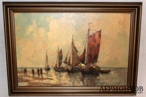 Картина. На пристани. Рудольф Прибе. Холст, масло.  Германия