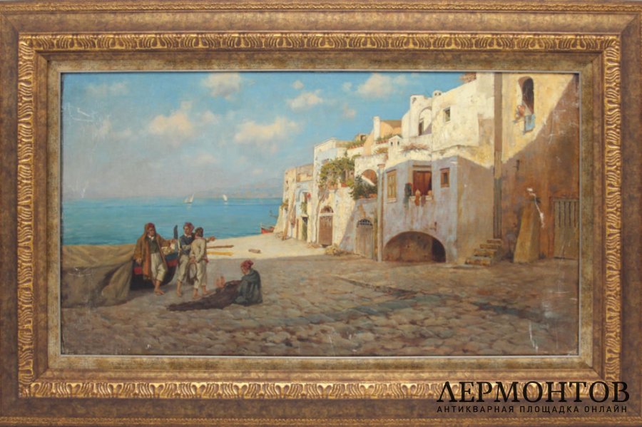 Картина Итальянский пейзаж, рыбаки в Неаполе. 1890 - 1900е гг. Холст, масло.