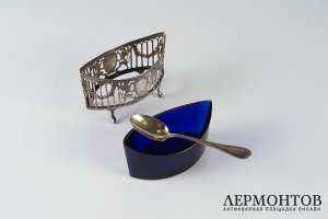 Солонка. Серебро 950 пробы, кобальтовое стекло. Франция, XIX.