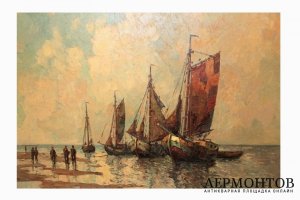 Картина. На пристани. Рудольф Прибе. Холст, масло.  Германия