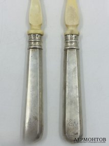 Ложка и вилка для салата. Серебро 84 пробы, кость, П. Овчинников, Россия, 1880-е годы