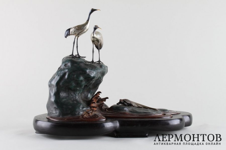 Окимоно Журавли и черепаха. Бронза. Япония, 1960-е гг.