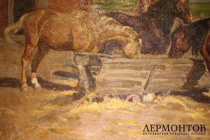 Картина. У конюшни. Неизвестный художник, 1900-е.