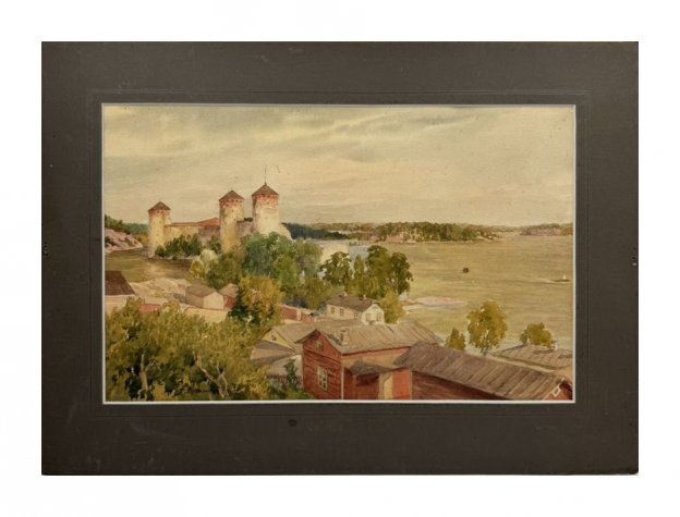 Картина «Крепость на берегу озера». Картон, акварель, Россия, 1913 год