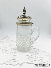 Пивная кружка с серебряной крышкой. Хрусталь, серебро 84 пробы, золочение, мастер ФК, Россия, 1899–1908 годы