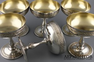 Комплект бокалов-креманок для шампанского. Серебро 950 пробы. Франция. 