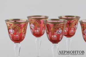 Комплект бокалов с изображением роз. Богемское стекло, полихромная роспись. 6 шт, винтаж.