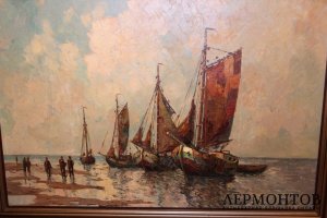 Картина. На пристани. Рудольф Прибе. Холст, масло.  Германия